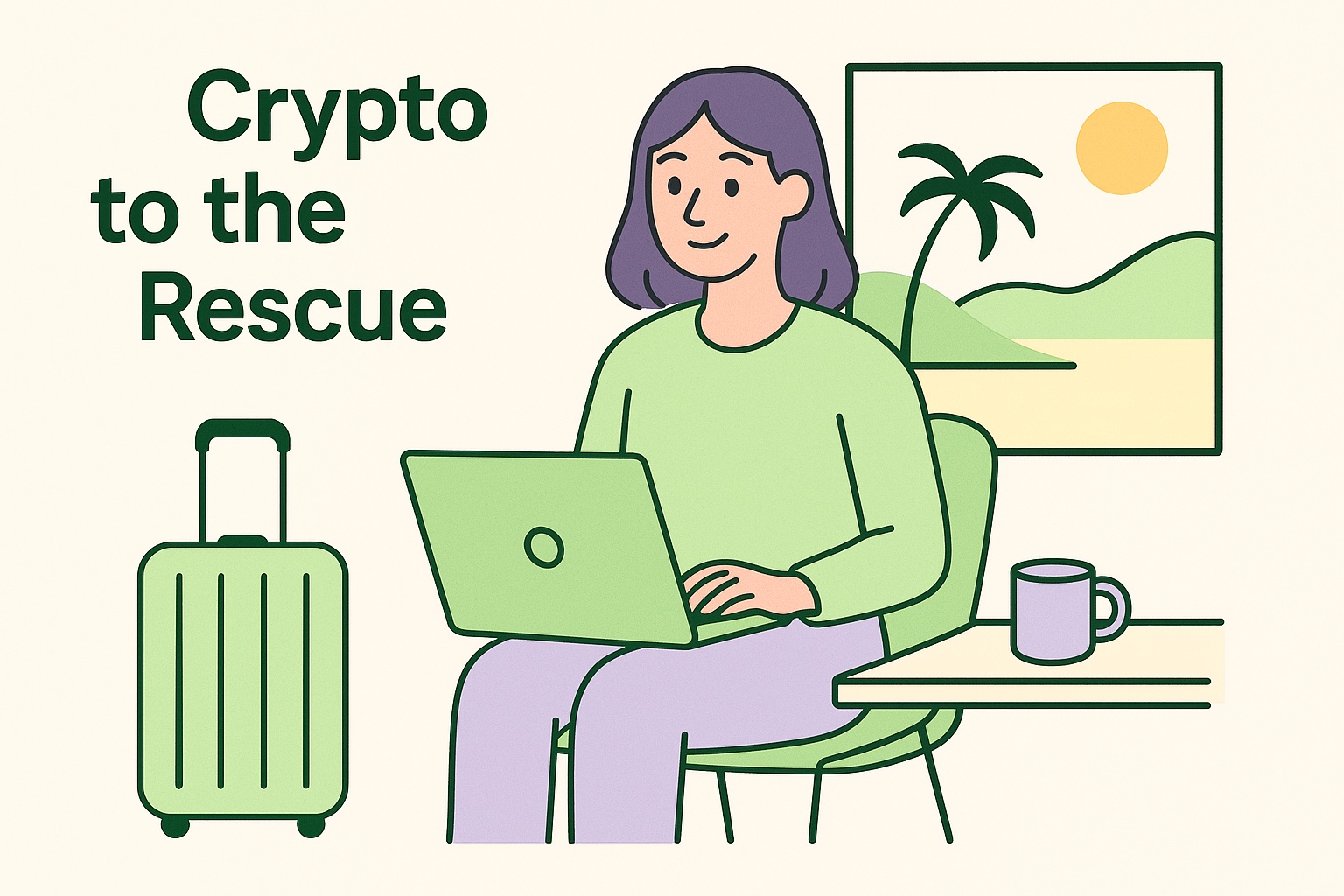 Clipart of woman smiling while typing on laptop next to suitcase with beach view from window; text says 'crypto to the rescue'.